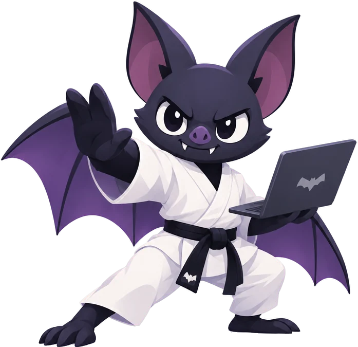 Dojobat's mascot: a bat in a white karate gi and black belt, holding a laptop.